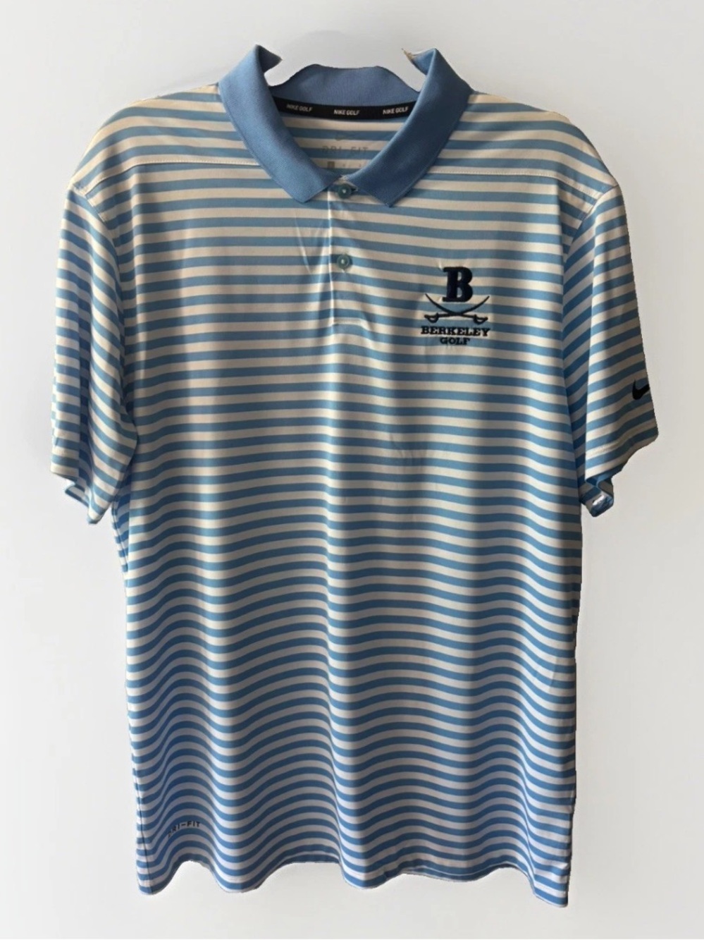 Nike Dri-Fit Berkeley Golf Blue and White Striped Polo Shirt L